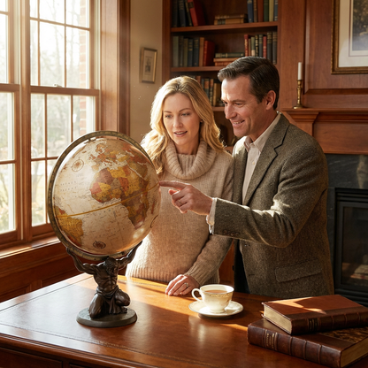 A man and woman, both smiling and dressed casually, are looking at a Replogle Globes Atlas desk globe. The globe, held by a bronze figure of Atlas, sits on a wooden desk in a sunlit study. The man points to a location on the map.