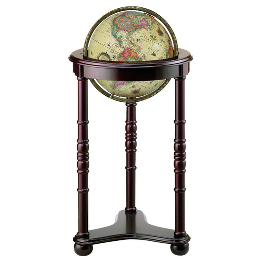 Lancaster 12-inch antique ocean world globe on a dark wood three-legged floor stand.
