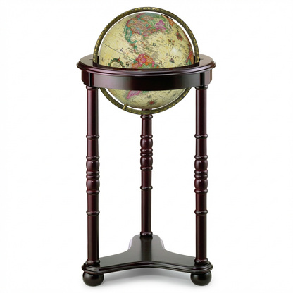 A photorealistic studio product photo of the Replogle Lancaster 12-inch illuminated antique ocean globe on its dark wood floor stand, angled to the left. The stand rests on a pure white background with a soft natural shadow.