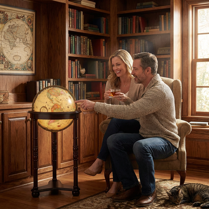 A couple sits in a cozy library, looking at and pointing to the illuminated Replogle Lancaster globe.