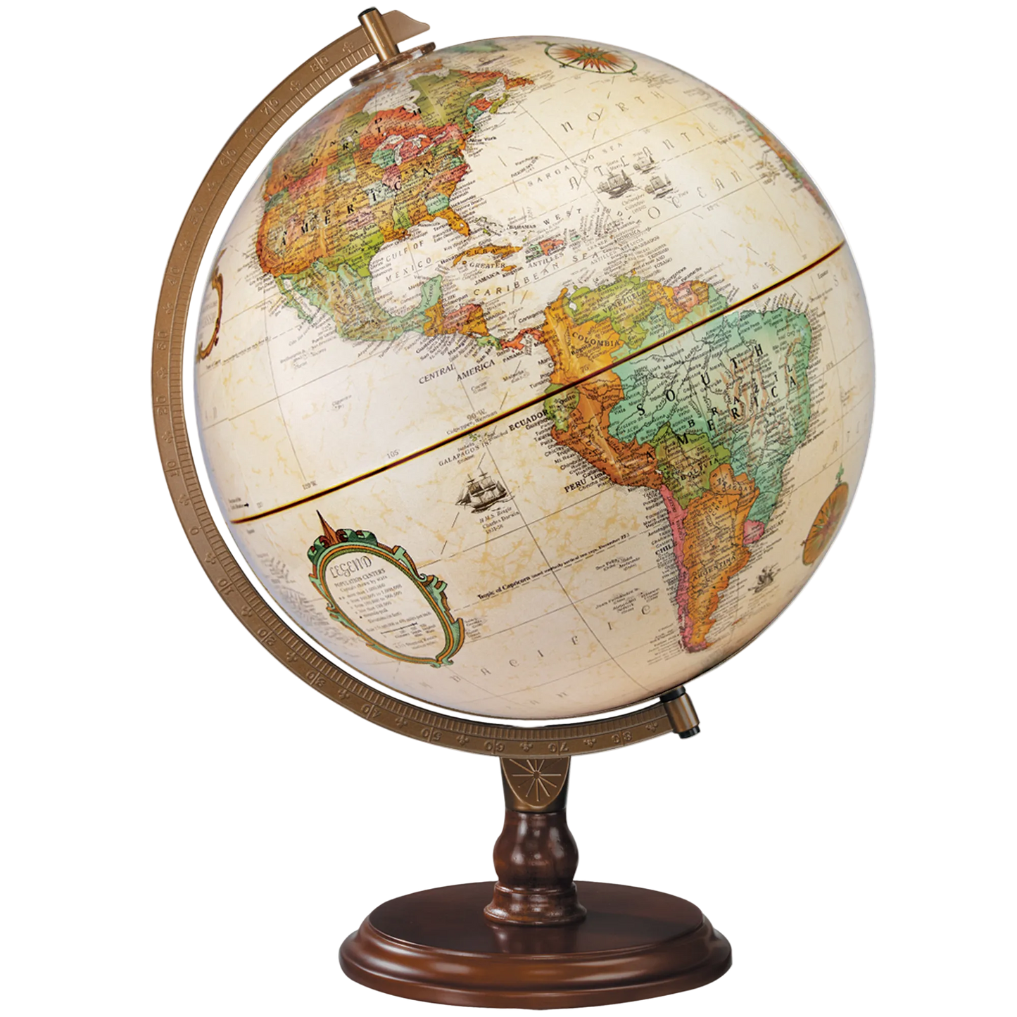 Lenox 12-inch antique ocean desk globe with raised relief, brass meridian, and walnut wood base.