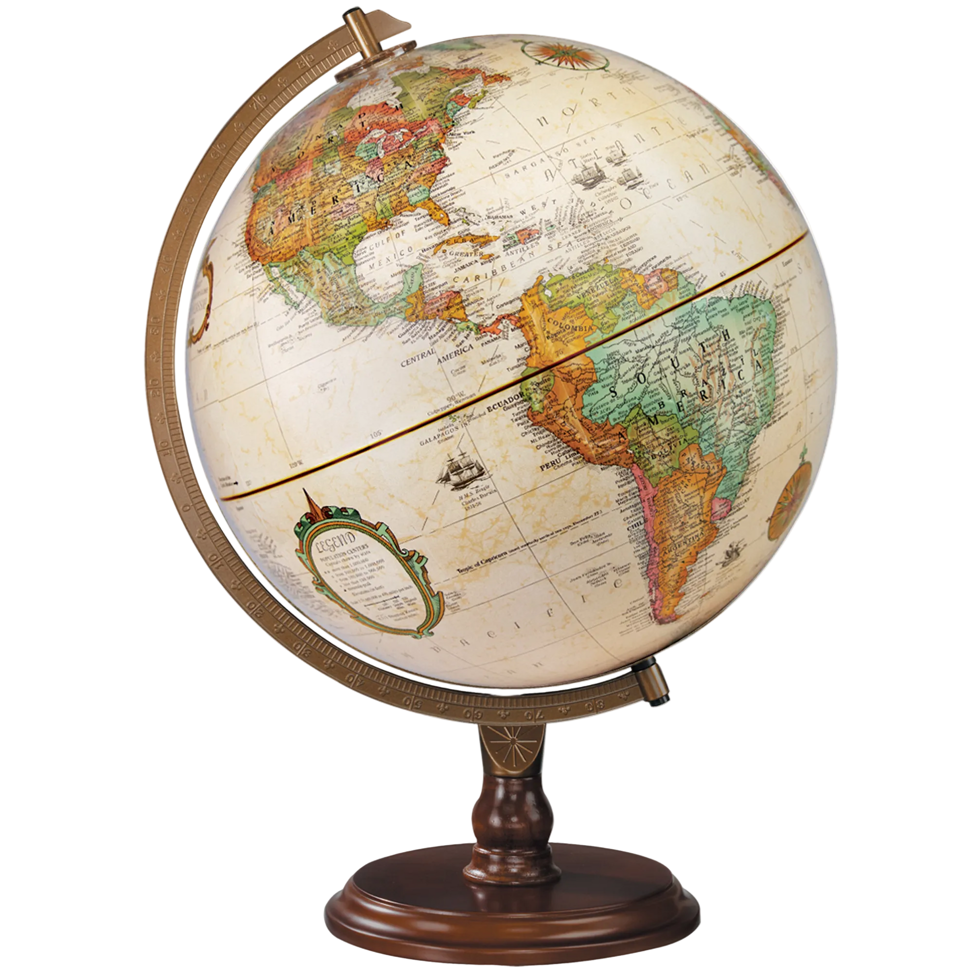 Lenox 12-inch antique ocean desk globe with raised relief, brass meridian, and walnut wood base.