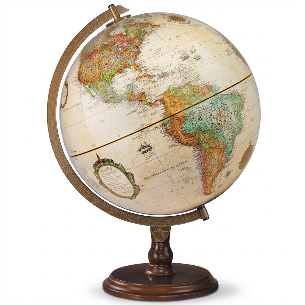 A photorealistic studio product shot of the Replogle Lenox antique desk globe, angled to show the left side and brass meridian, centered on a pure white background with a soft shadow.