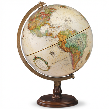 A photorealistic studio product shot of the Replogle Lenox antique desk globe, angled to show the left side and brass meridian, centered on a pure white background with a soft shadow.