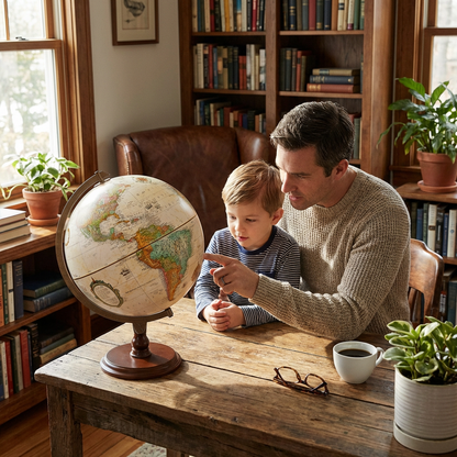 A father and his young son are sitting at a rustic wooden table in a sunlit study, looking at the Replogle Lenox 12" antique ocean desk globe.