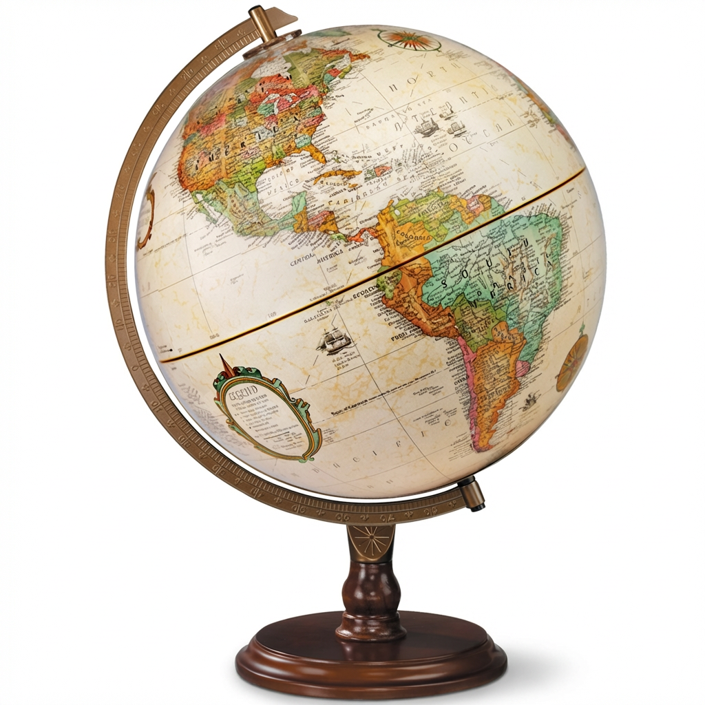 A photorealistic studio photograph of the Replogle Lenox 12" antique ocean desk globe on a dark wood base, angled to show the right side, centered on a pure white background with a soft shadow.