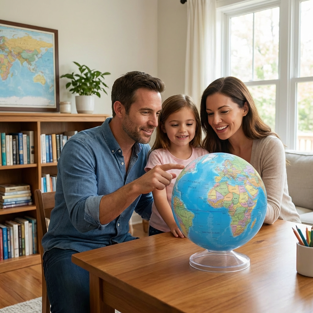 A family of three smiling and looking at the Replogle Globes Apollo 9" blue ocean desk globe on a table.