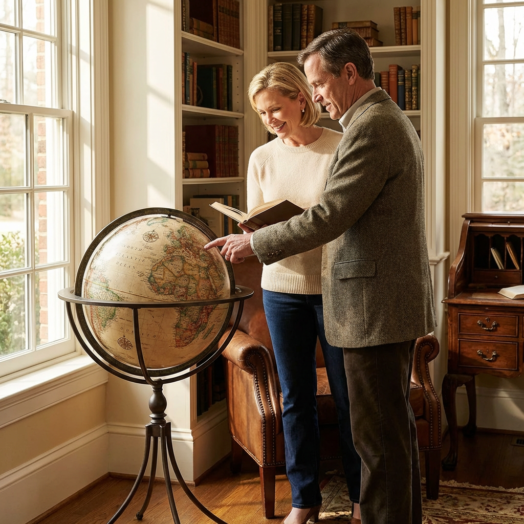 A couple enjoys their Replogle floor globe in a home library, bathed in natural window light.