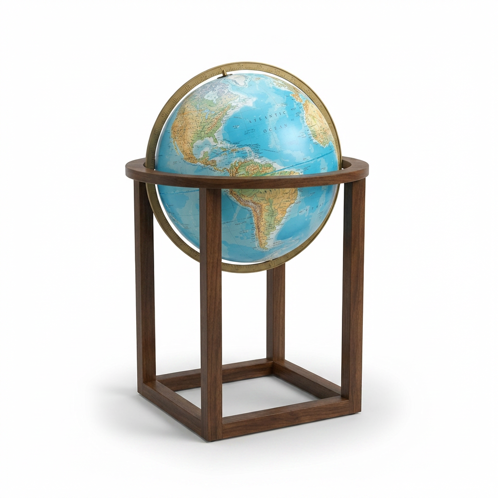 A photorealistic studio photograph of the Replogle Globes NAPLES Illuminated Blue globe in its dark wood stand, angled left on a pure white background.