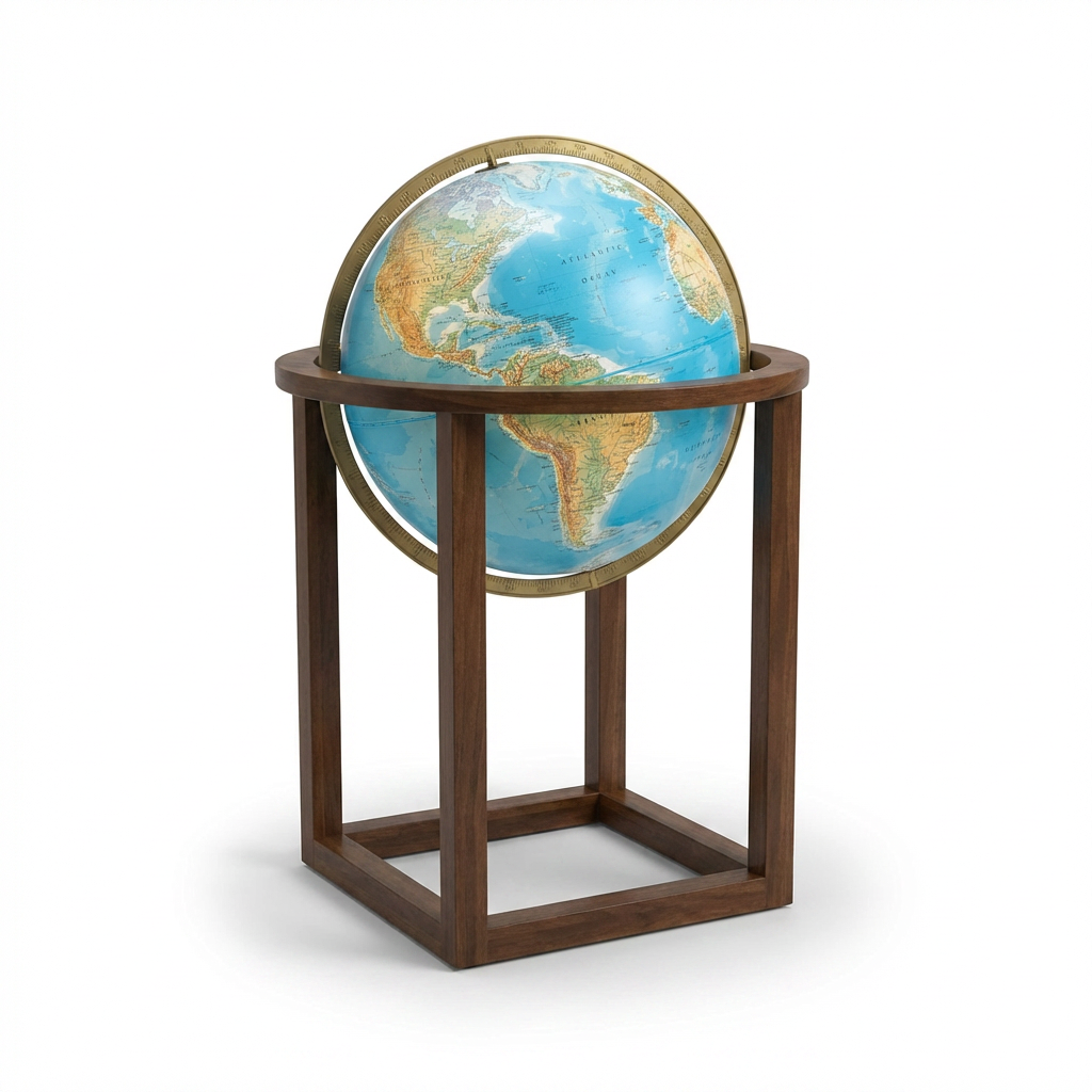A photorealistic studio photograph of the Replogle Globes NAPLES blue globe in its dark wood square stand, angled to the right on a pure white background with a soft shadow.