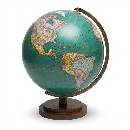 A photorealistic studio photograph of the Replogle Globes Providence globe, featuring a teal ocean and colorful continents. It is angled to show the left side, centered on a pure white background with a soft natural shadow.