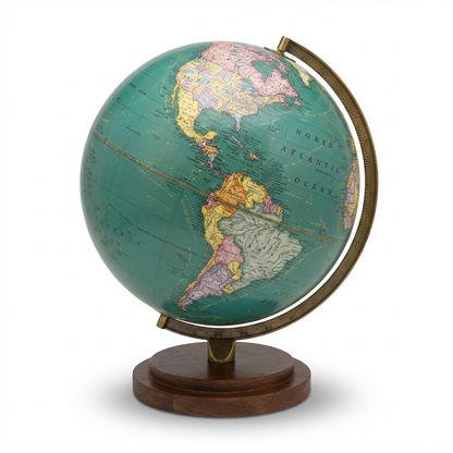A photorealistic studio photograph of the Replogle Providence teal globe on a wooden base, angled to the right, against a pure white background with a soft shadow .