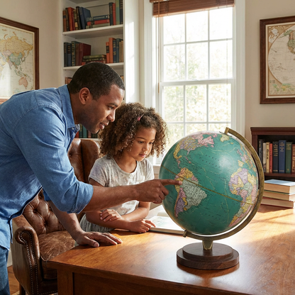 A father and daughter look at the Replogle Providence globe in a sunny home library.