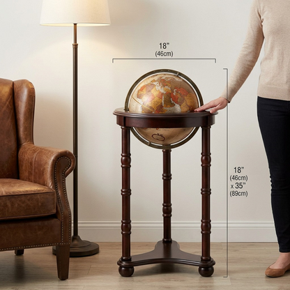 An e-commerce photo of the Replogle Lancaster Floor Globe, a bronze and wood piece, shown in a cozy living room beside a sofa for scale.