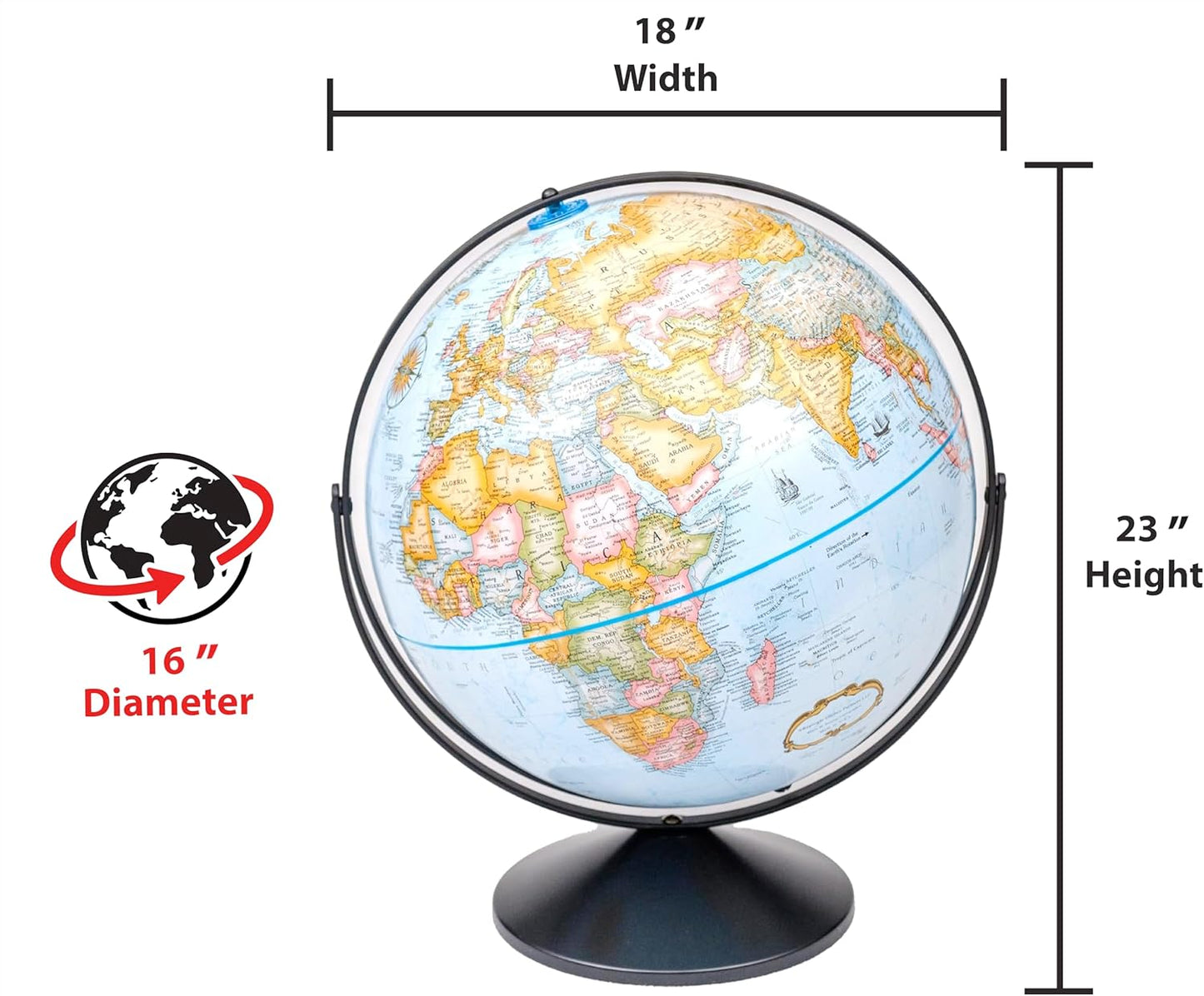 Eureka 16" Blue Ocean Raised Relief Globe - Black Metal Gyromatic Base