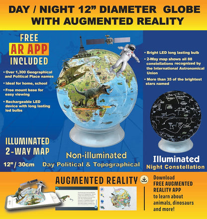 12-Inch Day and Night Kids Globe - Illuminated AR Learning Map